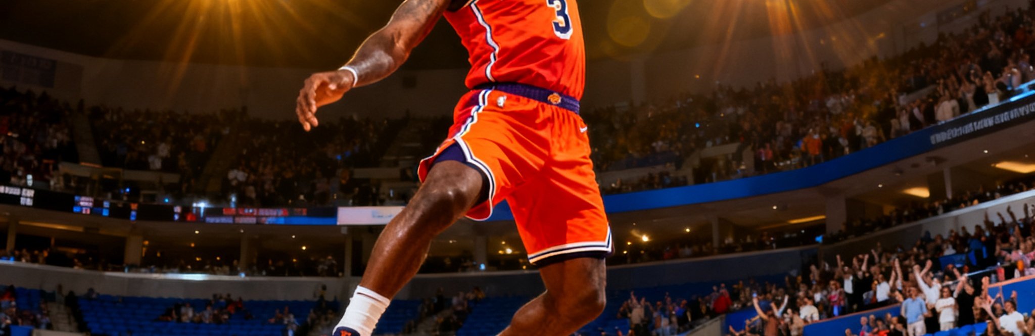 NBA常规赛洛杉矶湖人队主场比赛中，勒布朗·詹姆斯飞身扣篮的震撼瞬间，球馆内灯光璀璨观众沸腾